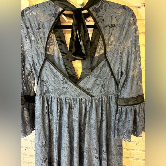 Free People Gilded Victorian Dusty Blue Black Satin Ribbon Trim Lace Dress S - Picture 10 of 16
